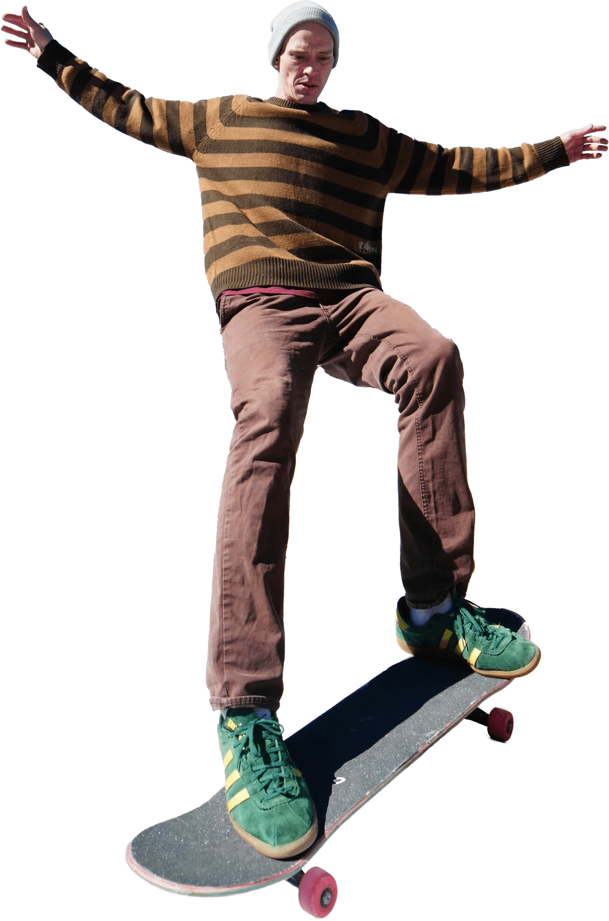 Skateboarder performing a trick with a custom skateboard deck