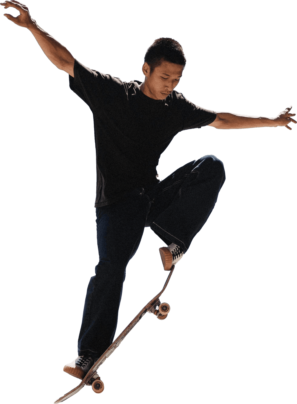 Skateboarder performing a trick with a custom skateboard deck