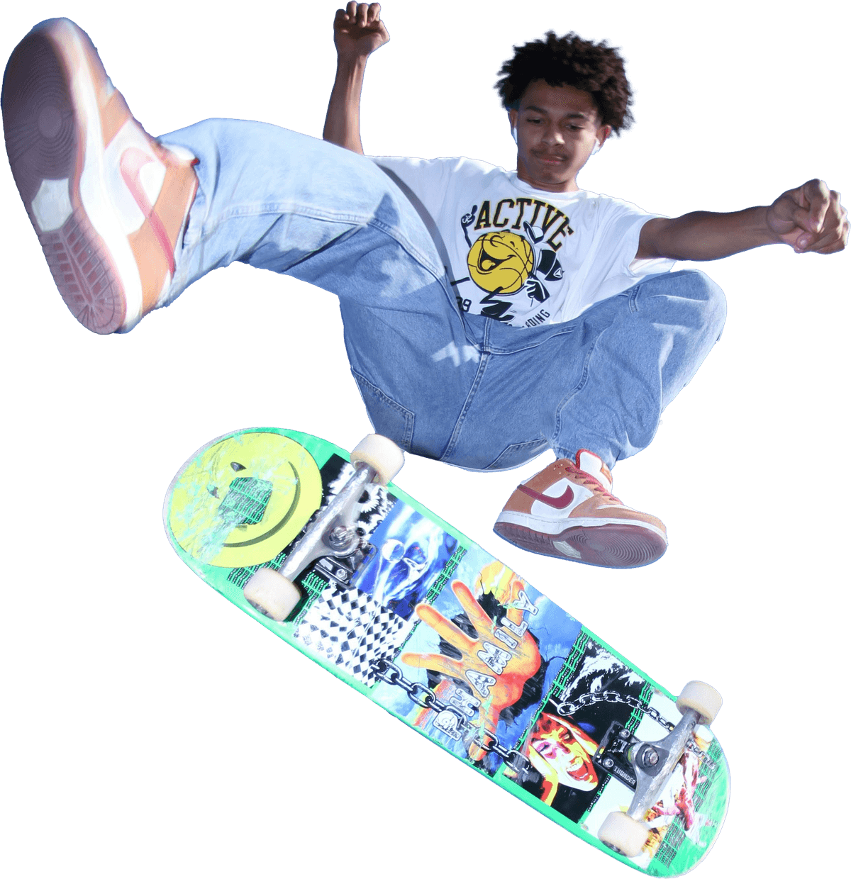 Skateboarder performing a trick with a custom skateboard deck